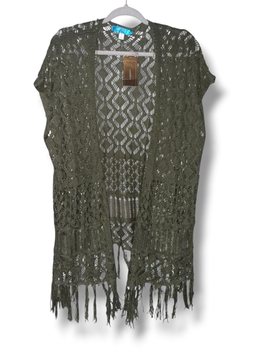 Francesca’s Buttons open knit open front fringed cardigan